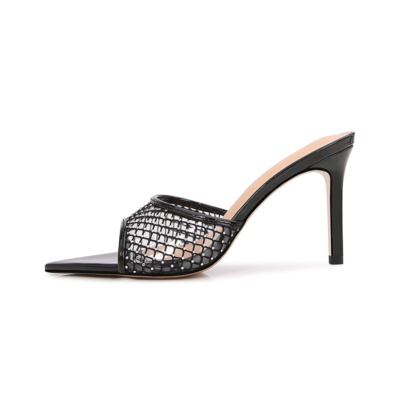 Women's high-end fashion black mesh rhinestone high heel slippers - stiletto, pointed toe, open toe, comfortable for all-day wear