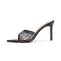 Women's high-end fashion black mesh rhinestone high heel slippers - stiletto, pointed toe, open toe, comfortable for all-day wear