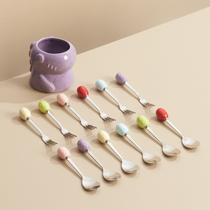Cute dinosaur cartoon high-value ceramic cute fruit fork box stainless steel fruit fork suit afternoon tea spoon combination