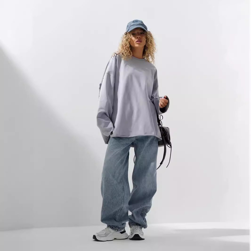 European and American  new women's clothing spring and autumn loose solid color Oversize round neck long-sleeved casual T-shirt fashion sweater women