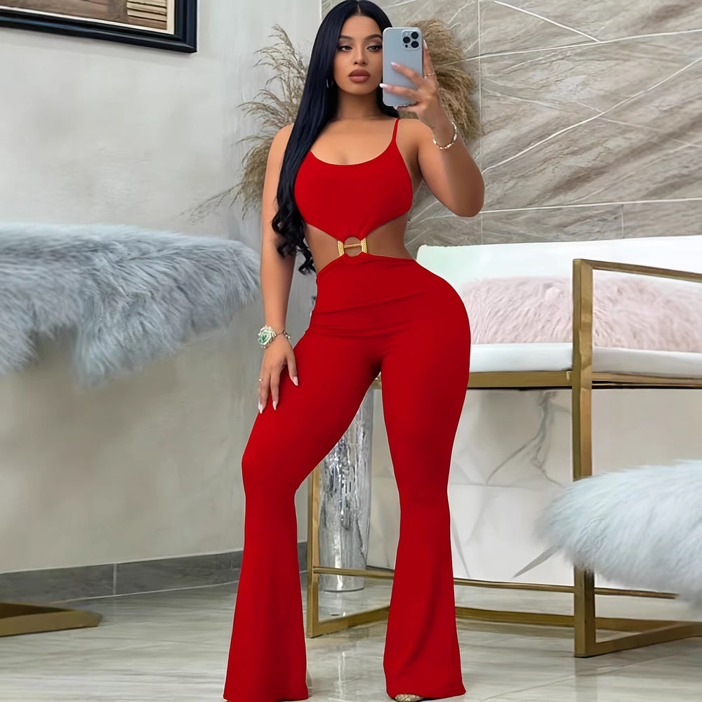 fashion women's spring/summer new arrivals: elegant spaghetti strap solid color knit top with hollow-out one-piece flared pants