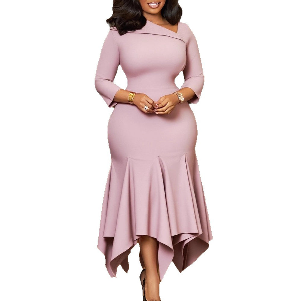 D3350 european and american cross-border women's fashion  new style elegant asymmetrical neck three-quarter sleeve high-waisted irregular dress