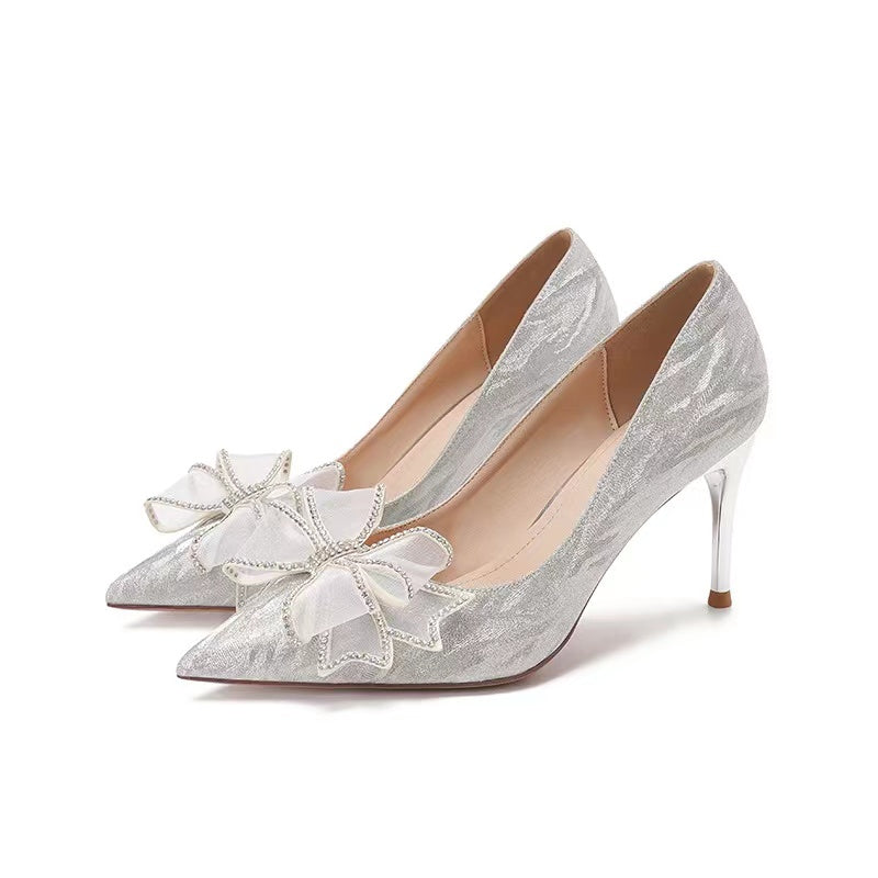 French high heels women's 2025 spring/autumn new rhinestone bow crystal wedding shoes elegant socialite stiletto heels