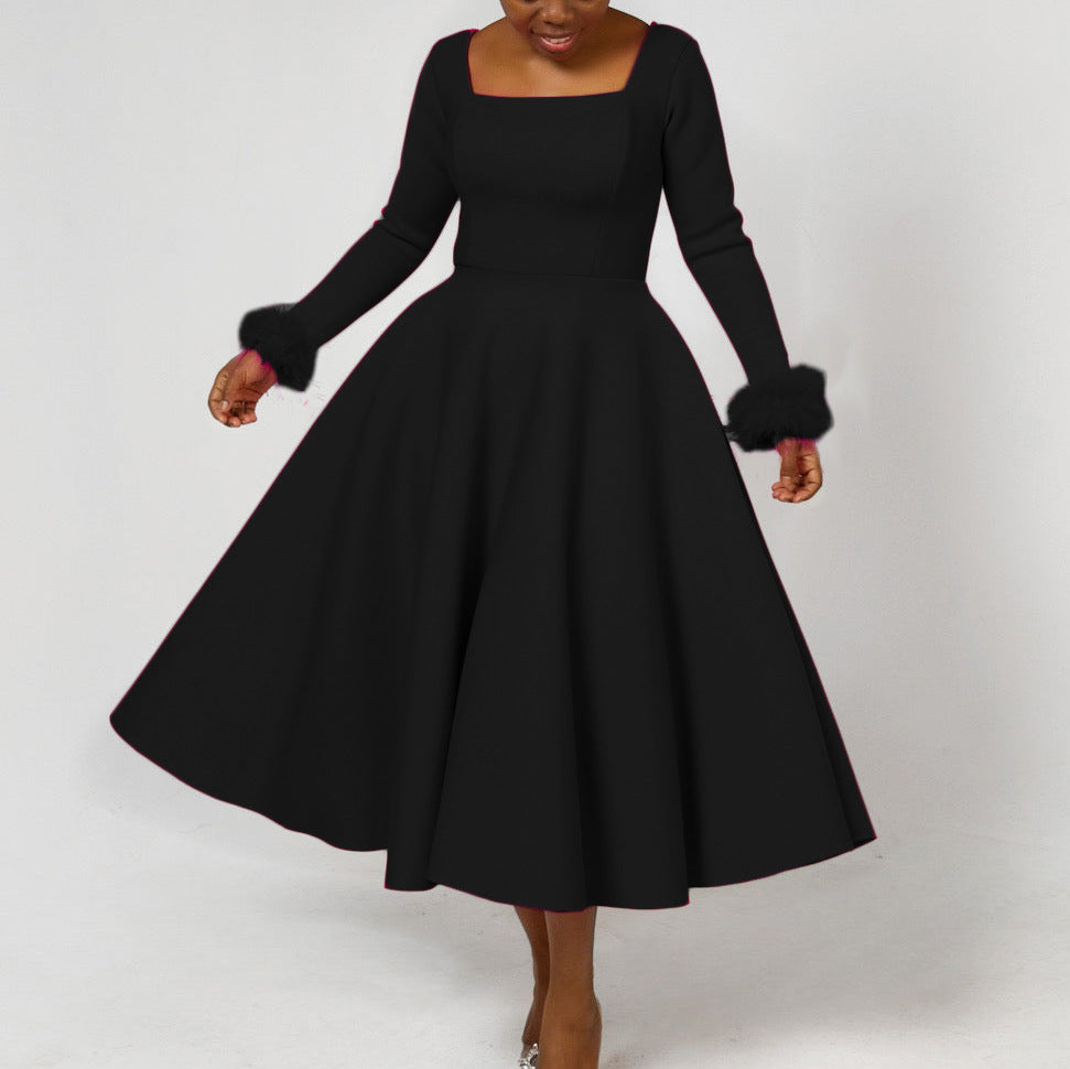 D451 party dress independent station winter elegant elegance fur decoration large skirt dress african dress