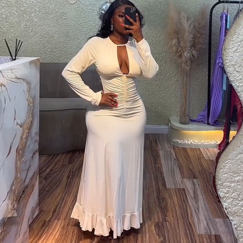 European and american cross-border women's fashion:  summer new sexy hollow-out pleated long sleeve slim-fit maxi ruffle dress