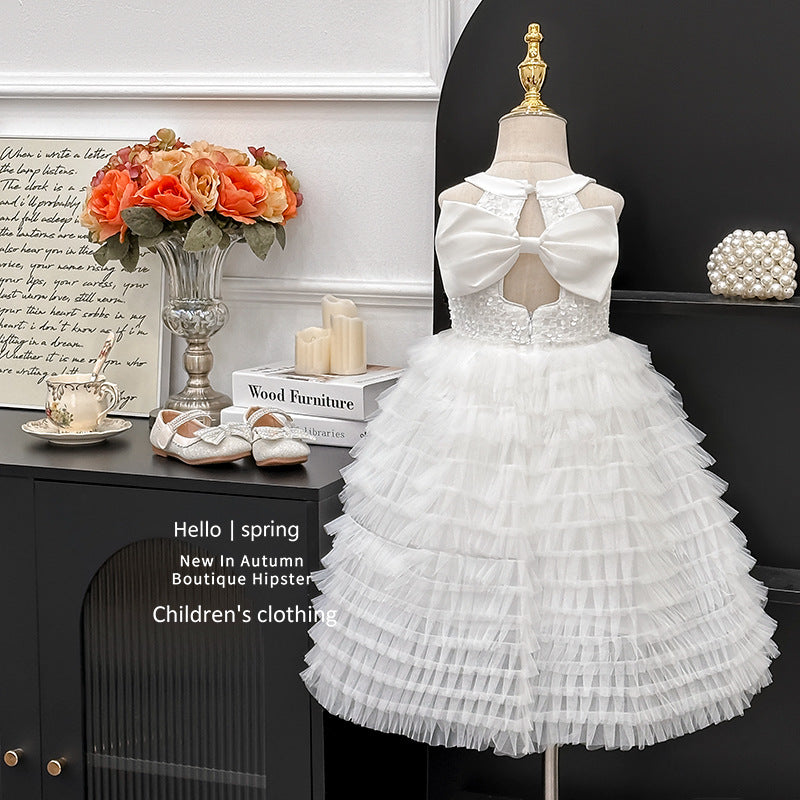 Girls' dress  summer high-end bowknot open-back tiered cake dress birthday gown