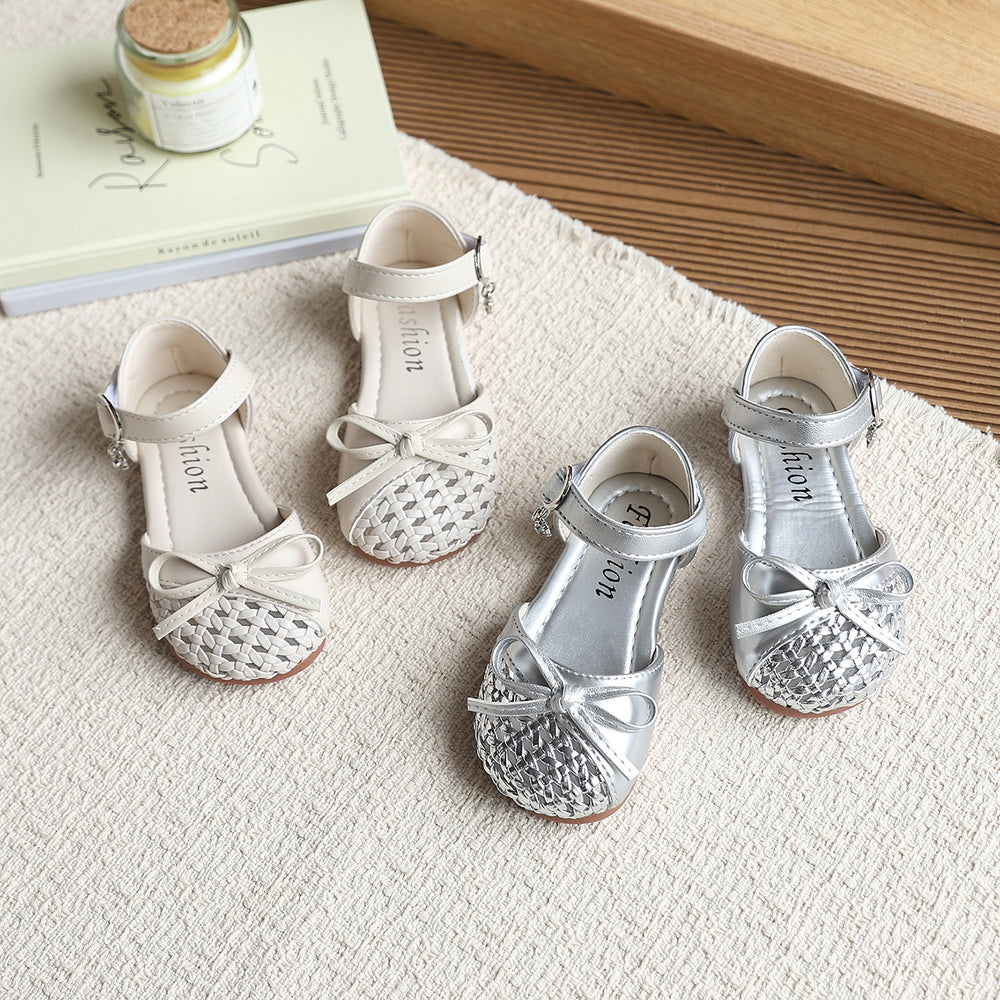 Girls' fashion woven open-toe sandals,  new summer collection, baby bow princess shoes, hollow-out flats
