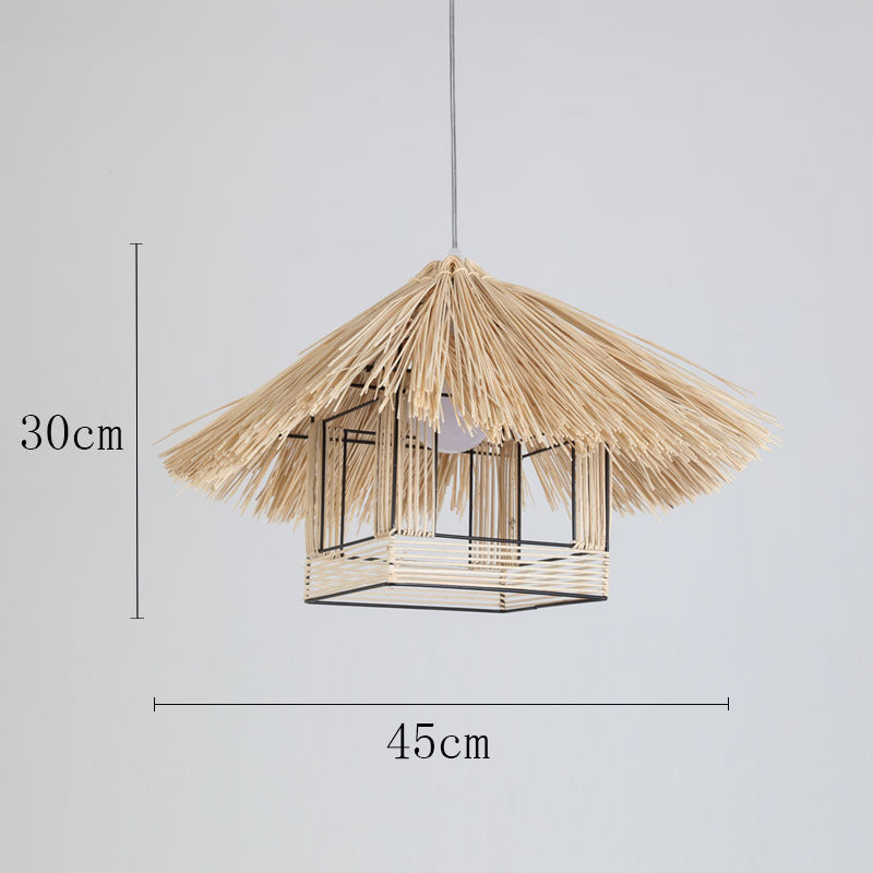 Vintage rattan straw hat chandelier rattan art round bird's nest Chinese pastoral hotel restaurant agritainment bed and breakfast straw hat lamp