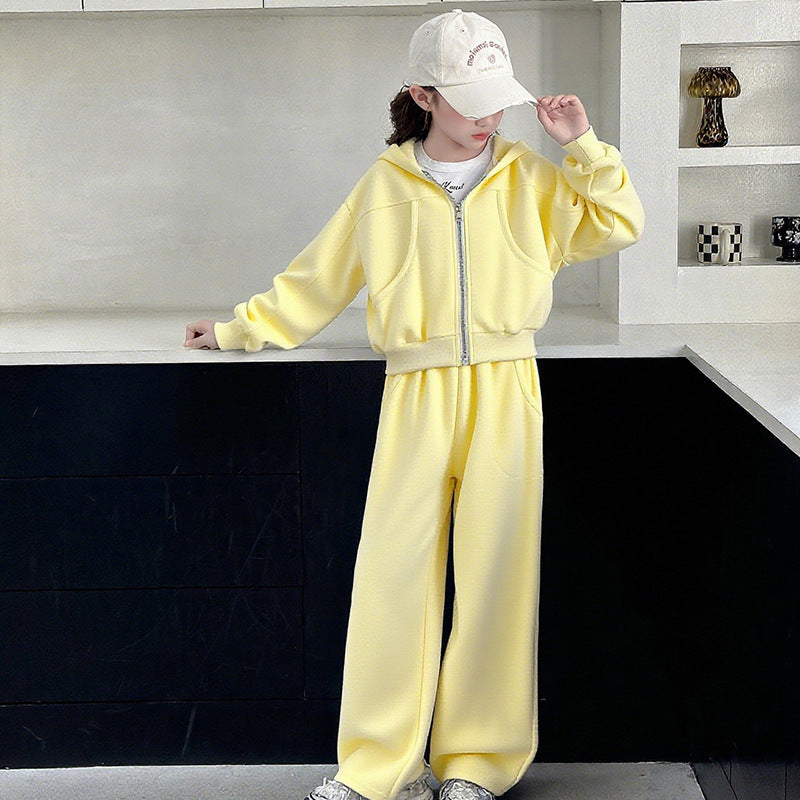 Girls' spring/autumn casual two-piece set:  new fashion wide-leg pants solid color activewear set - stylish and trendy