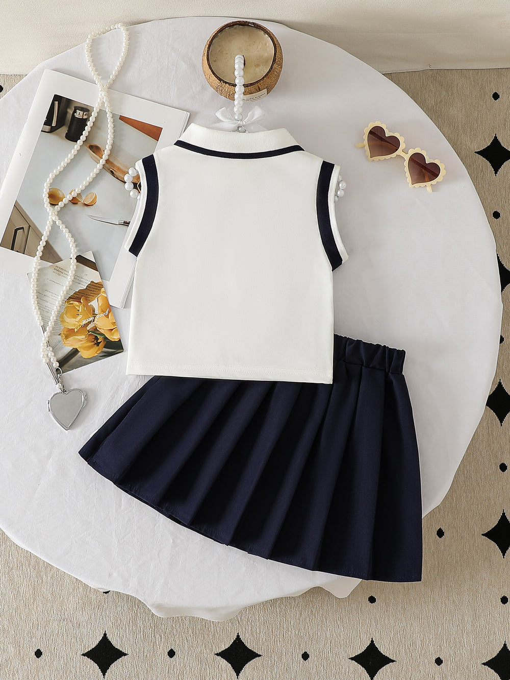 spring/summer new arrival: cross-border girls' polo shirt with bow + a-line pleated skirt two-piece set