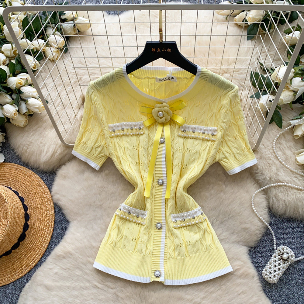 Sweet daughter-in-law style bows beaded short-sleeved knitting shirt for women summercasualcasualelegantslimming looktops