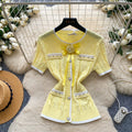 Sweet daughter-in-law style bows beaded short-sleeved knitting shirt for women summercasualcasualelegantslimming looktops