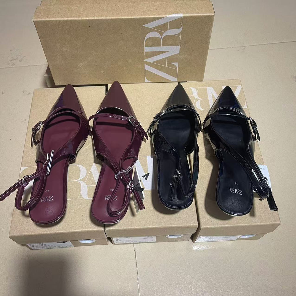 Zar 2024 summer new patent leather stiletto peep-toe sandals - vintage style single strap pointed toe open back ankle strap mules