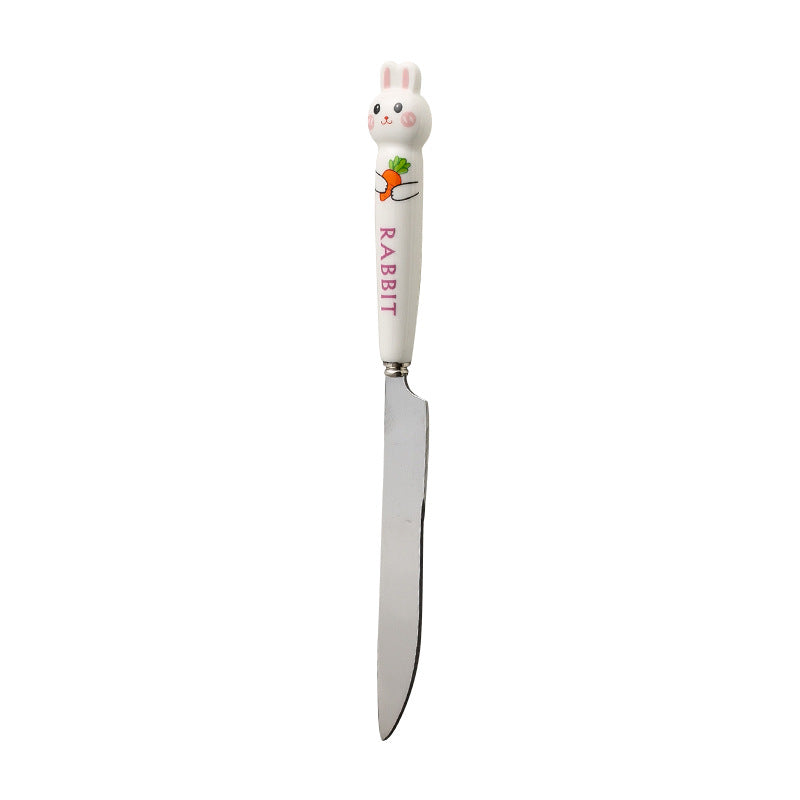 Cartoon stainless steel cutlery set: cute kids' forks with stylish ceramic handles, exquisite dessert spoons, and serving spoons