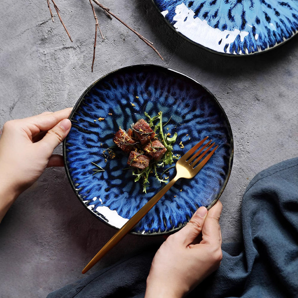 Kiln-turned ceramic western food plate, pasta plate, steak plate, dish plate, special-shaped round plate, for home restaurant, commercial kiln-turned glaze