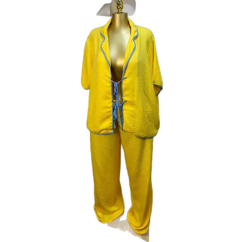 European and american cross-border women's fashion:  summer new collection - stylish tie-waist color block short sleeve shirt and wide-leg pants set