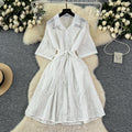 Frenchfashionable heavy industry diamond-encrusted polo collar short-sleeved dress women's summer strappy waist cut outembroider shirt skirt