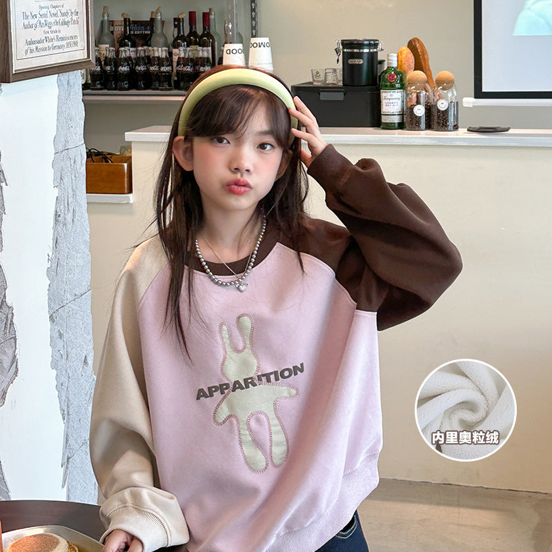 Girls' sweatshirt - new autumn/winter  collection - loose fit crew neck cartoon casual long sleeve top for girls (sizes for mid-to-large children) - winter fleece-lined