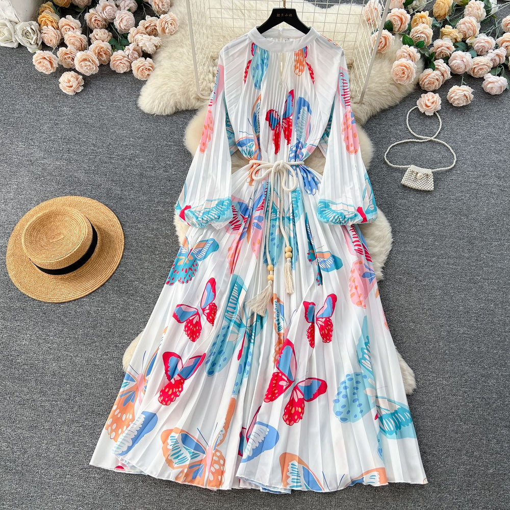 European and american retro court style design printed long dress with heavy pleating, puff sleeves, and pleated skirt - spring collection for women