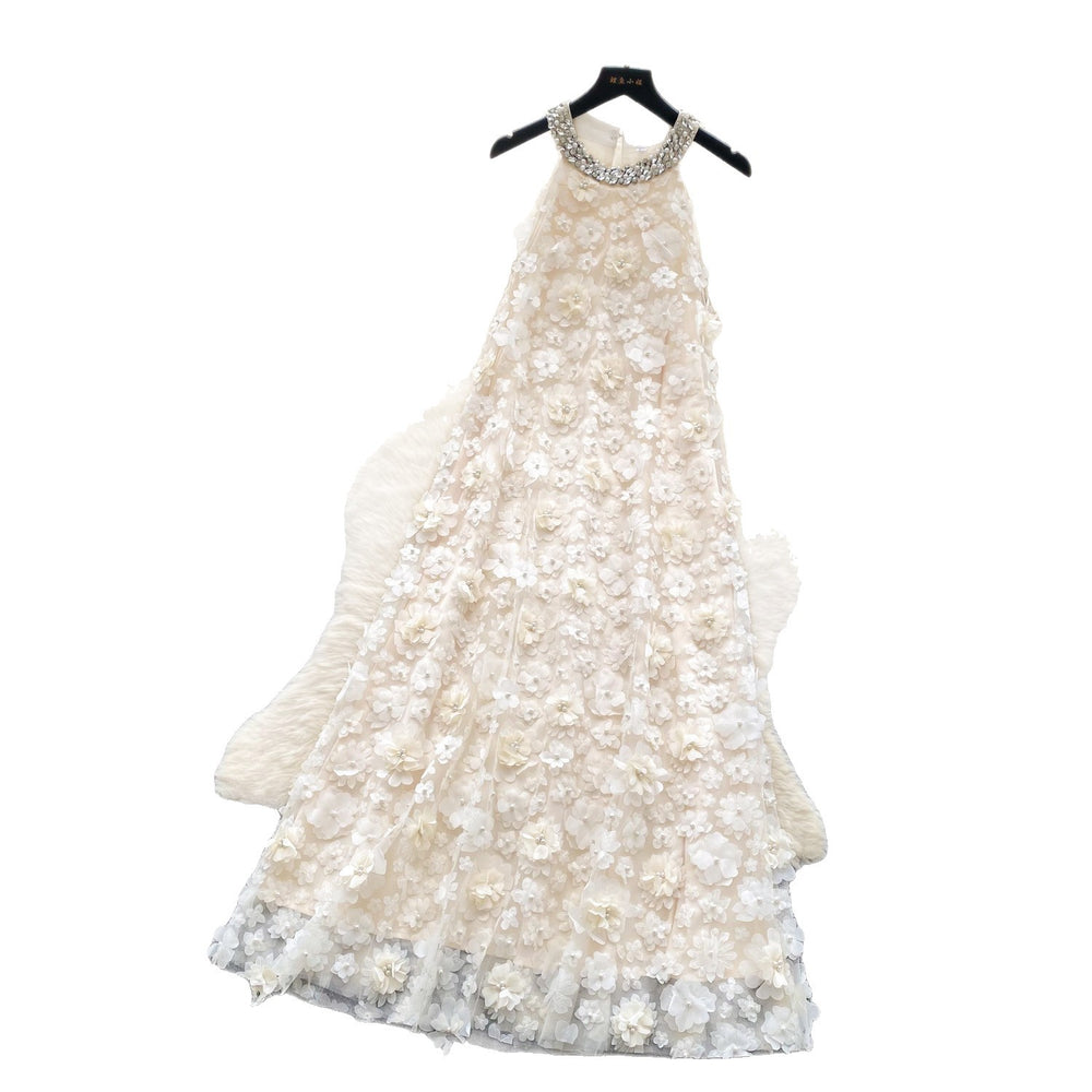 French chic luxury beaded halter sleeveless 3d floral mesh dress - women's loose fit long evening gown