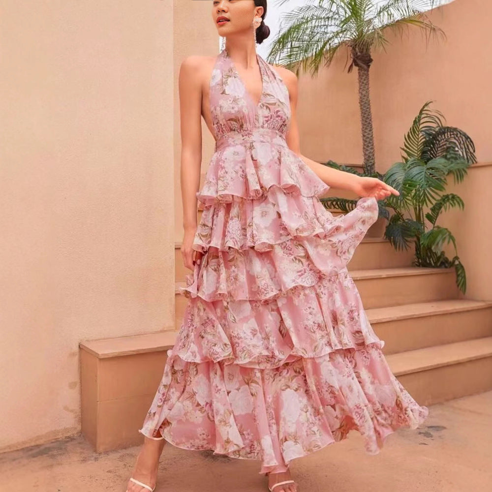 spring new arrival: european and american style women's fashionable and sexy v-neck camisole dress with multi-layered print