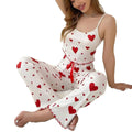 European and american cross-border bestseller: ribbed heart print cami top and pants pajama set - women's loungewear, suitable for wearing outdoors