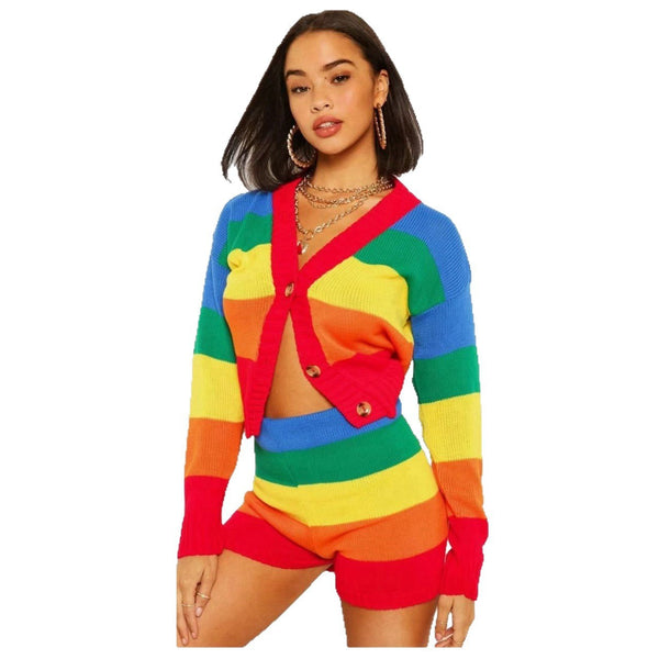 sells European and American women's clothing, fashionable and casual contrasting color pattern printing fashion cardigan top + shorts set
