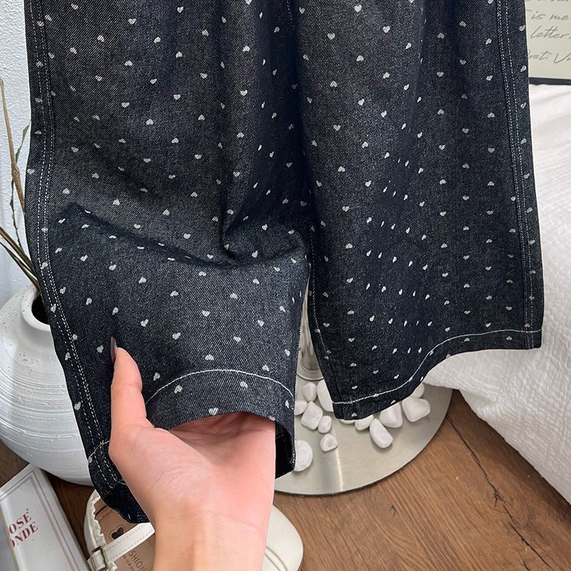 Girls' korean style spring/autumn fashion all-over heart print denim jeans - versatile, stylish, and trendy casual pants for baby girls