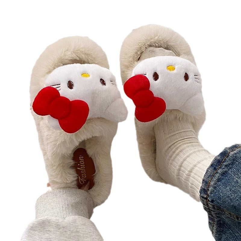 Popular warm trendy versatile cartoon hello kitty thick-soled cotton slippers fuzzy slippers cat autumn and winter women's indoor home slippers