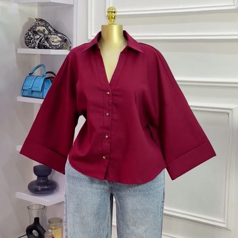 European and american cross-border women's spring  new fashion design turn-down collar loose casual versatile shirt top