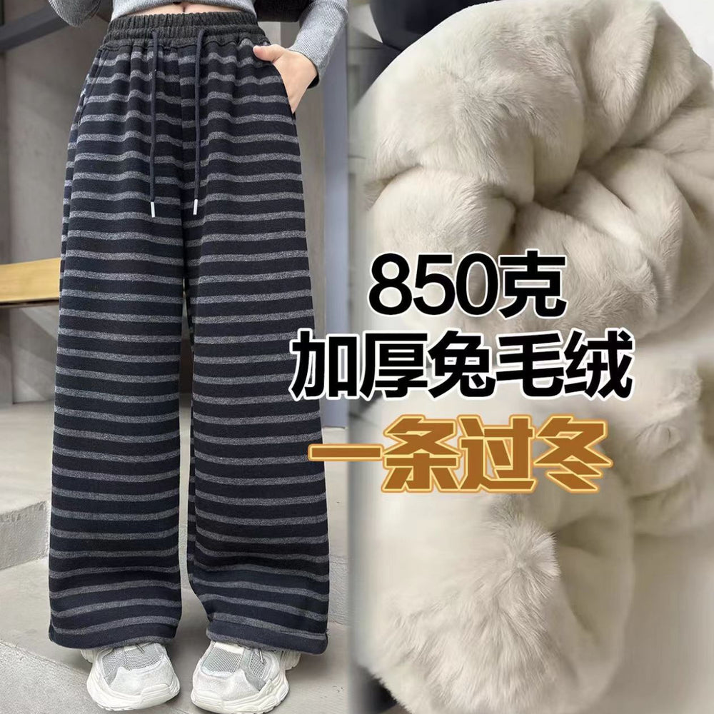 Girlwinterfleece-linedthickened850g rabbit stuffed tethered sweatpants for winter baby girl trendystripes pants