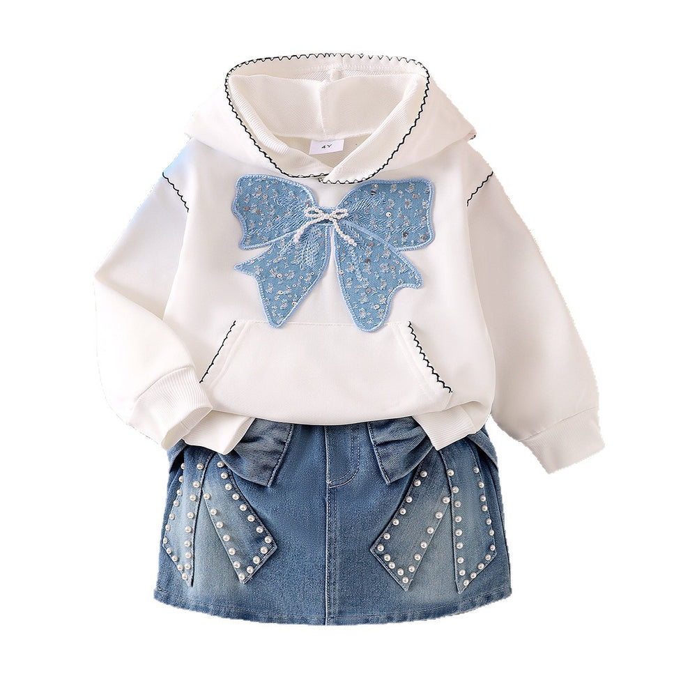 Children's clothing shein cross-border girlsuitwhitesweatshirt+blue skirtsuit