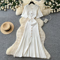 Korean style commute hollow-out green a-line dress - women's summer short sleeve high-waisted button-down elegant knit dress