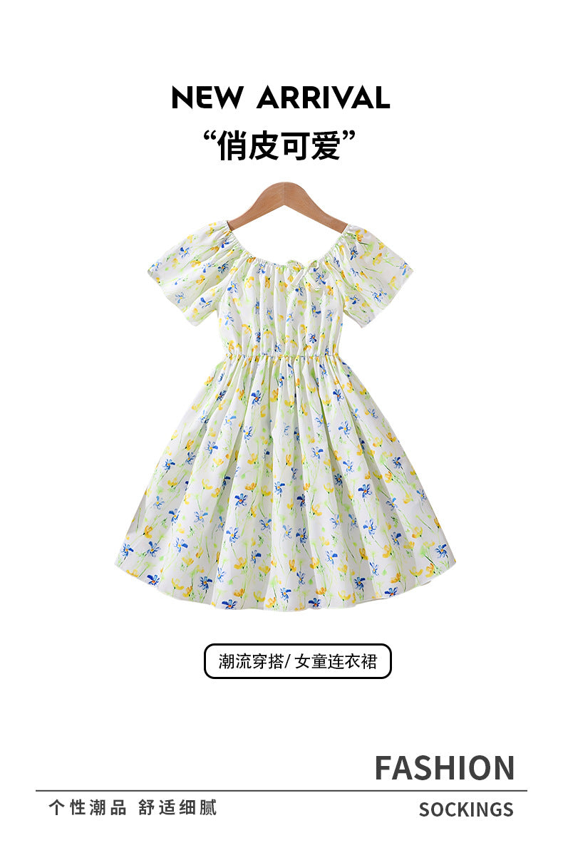 Summer girls' dress for export - light yellow floral print, round neck, bow accent, cute pleated princess skirt