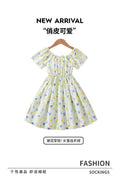 Summer girls' dress for export - light yellow floral print, round neck, bow accent, cute pleated princess skirt