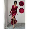 Women's autumn/winter new arrival: elegant commute v-neck shirred waist side slit lace velvet solid color dress