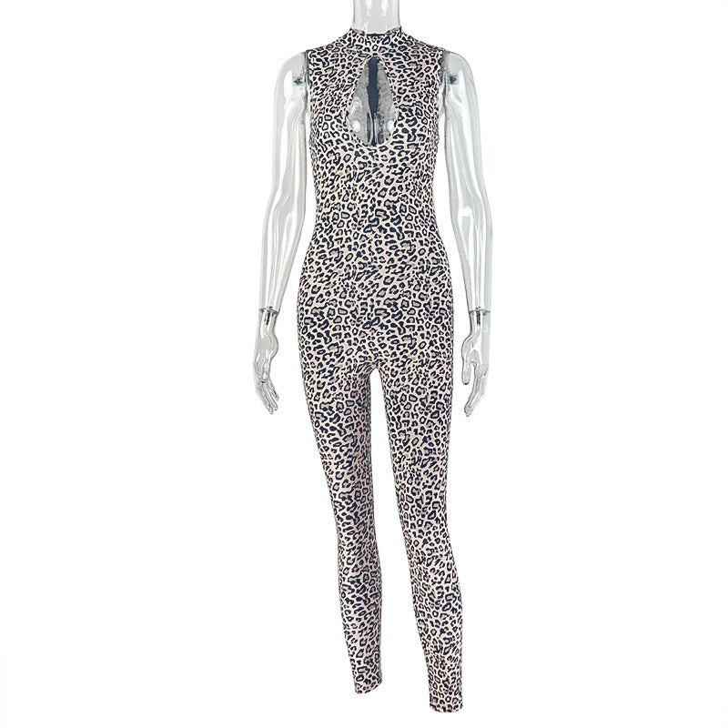 European and american style cross-border women's clothing printing leopard print jumpsuit slim fit hip-covering long jumpsuit leopard print jumpsuit european and american