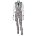 European and american style cross-border women's clothing printing leopard print jumpsuit slim fit hip-covering long jumpsuit leopard print jumpsuit european and american