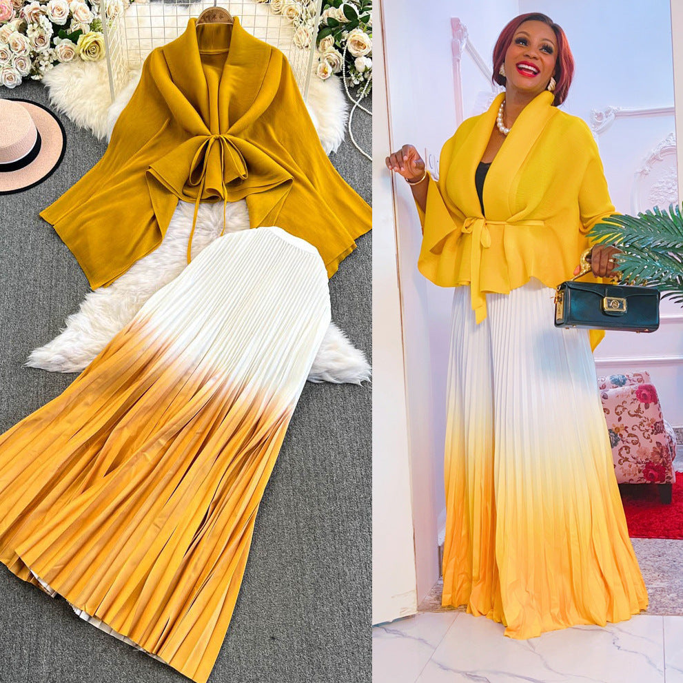 Miya pleated butterfly sleeve gradient tie back shawl short outweartops+gradient pleated skirt two-piece set