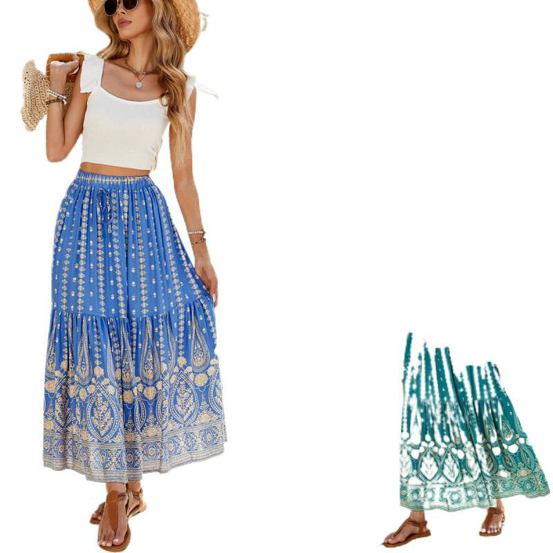 cross-border rayon positioning printingpatchwork skirt seaside vacation exotic style large swing beach skirt