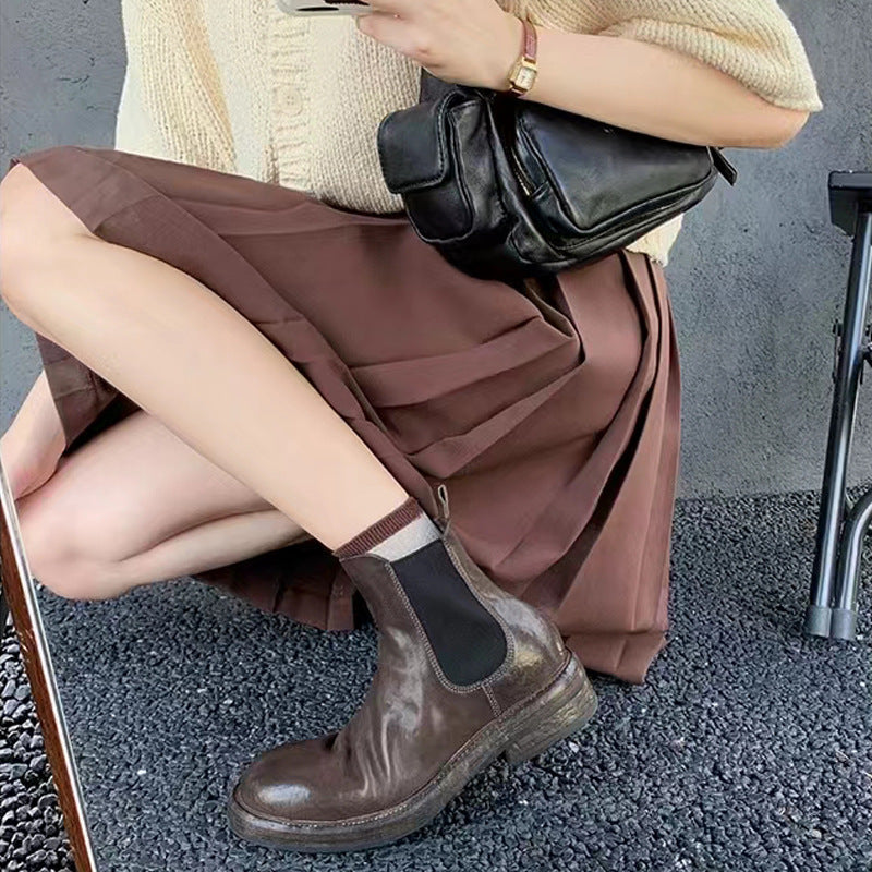 Grape mom fall and winter washed horsehide pleated thick heel boots high heel women's new arrival lightweight thick sole chelsea short boots