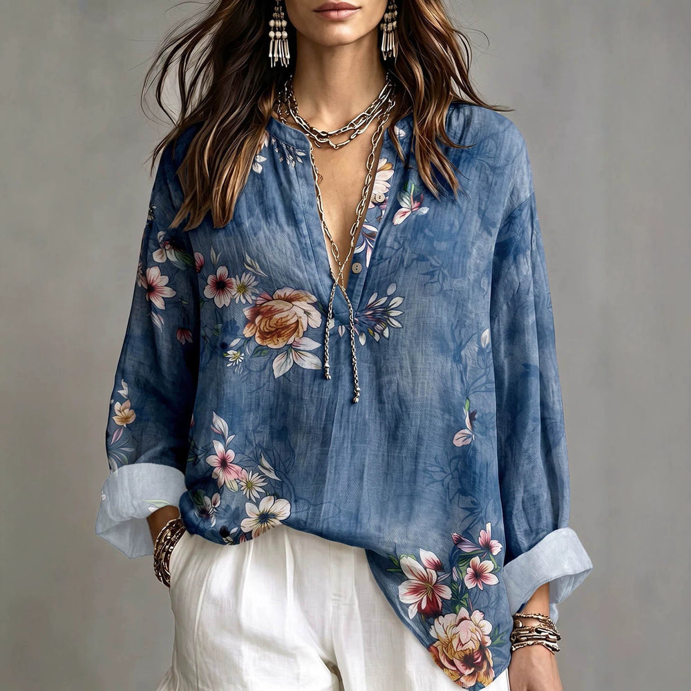 Women's bohemian style vacation shirt - blue floral print, flowy, loose fit, long sleeve pullover blouse - wholesale supply