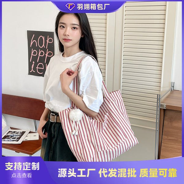 Outer single striped canvas bag women's large capacity 2025 summer new casual shoulder bag college student class tote bag