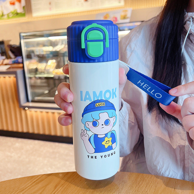 Cartoon red panda straight body insulated water bottle, 316 stainless steel, large capacity, dual-drink kids' water bottle, cute straw cup