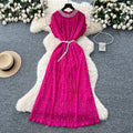 Frenchclassyelegant heavy industry beading round neck short sleeve pleated dress women's summer waist slimming lookelegant long skirt