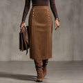 Plus size women's midi skirt - high waist, slit design, metal button detail, vintage style - wholesale
