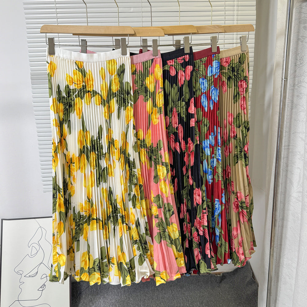export 2026 summer new arrival: printed pleated a-line midi skirt with elastic waist and flared ruffle hem