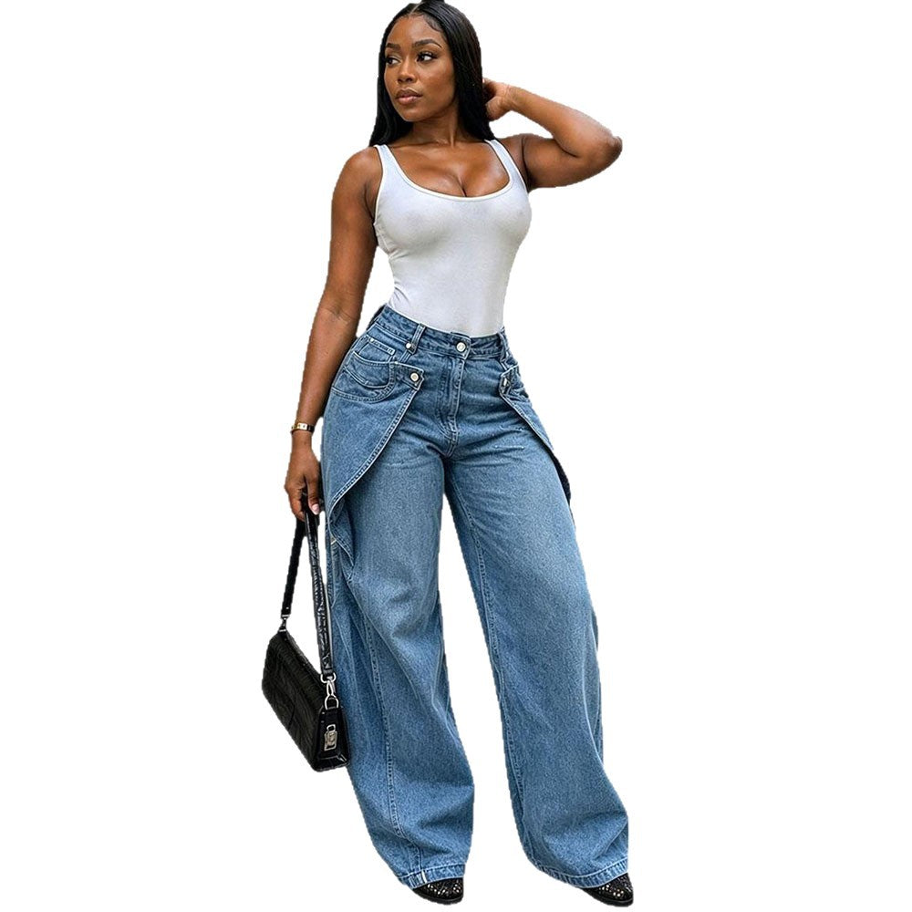 European and american style women's casual jeans - new  cross-border women's clothing - street fashion asymmetrical button design straight leg