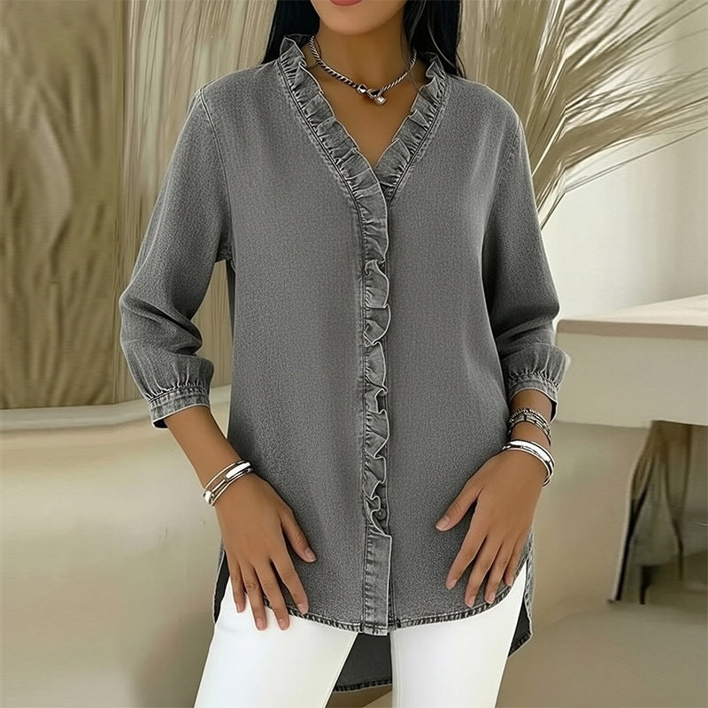 european and american export women's fashion solid color shirt with lace sleeve detail, casual blouse, new summer women's clothing