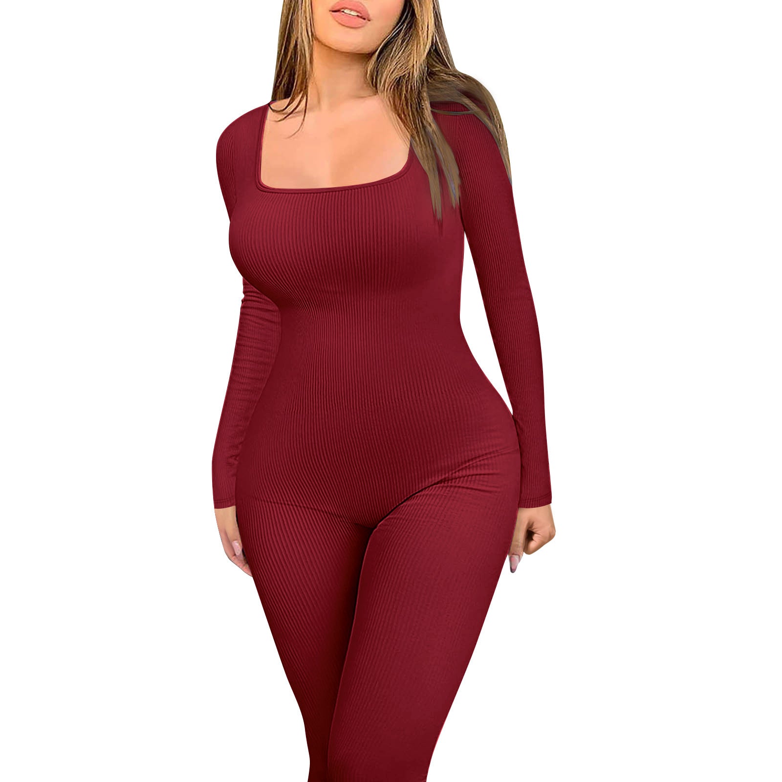 2024  women's clothing solid color long-sleeved vest onesie threaded square neck backless hip-lifting slim-fitting sports jumpsuit